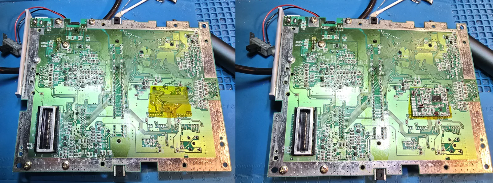 SNES motherboard underside with the mounting location for the mod board indicated next to the cartridge slot.