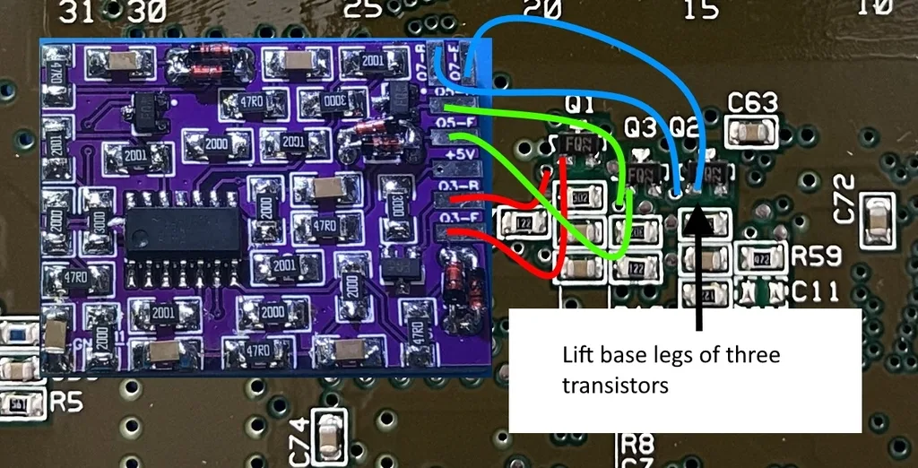 Annotated wire map for an SNS-CPU-RGB revision SNES motherboard showing the six RGB signal connections at the lifted transistor legs.