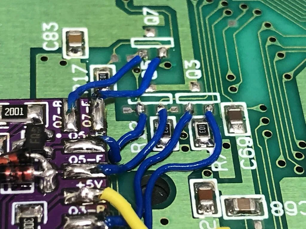 Annotated wire map for an SHVC-CPU-01 SNES motherboard showing where each of the six RGB signal wires connects.