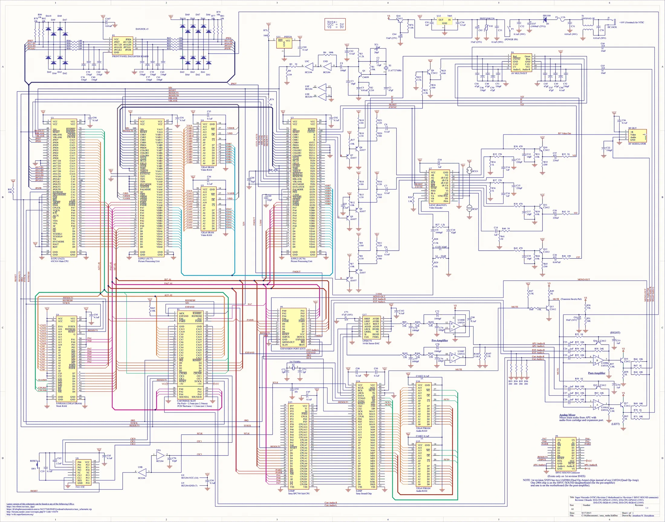 Colour-coded multi-revision SNES schematic covering SHVC, GPM and RGB board variants.