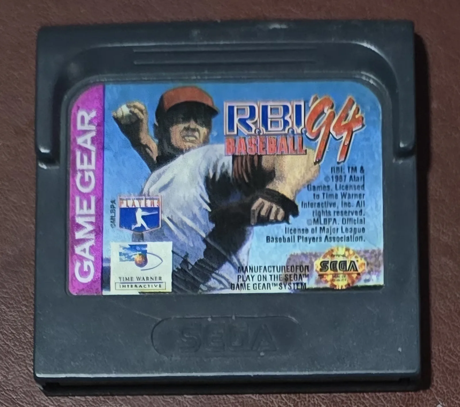 Front of an authentic Sega Game Gear R.B.I. Baseball '94 cartridge, Time Warner Interactive