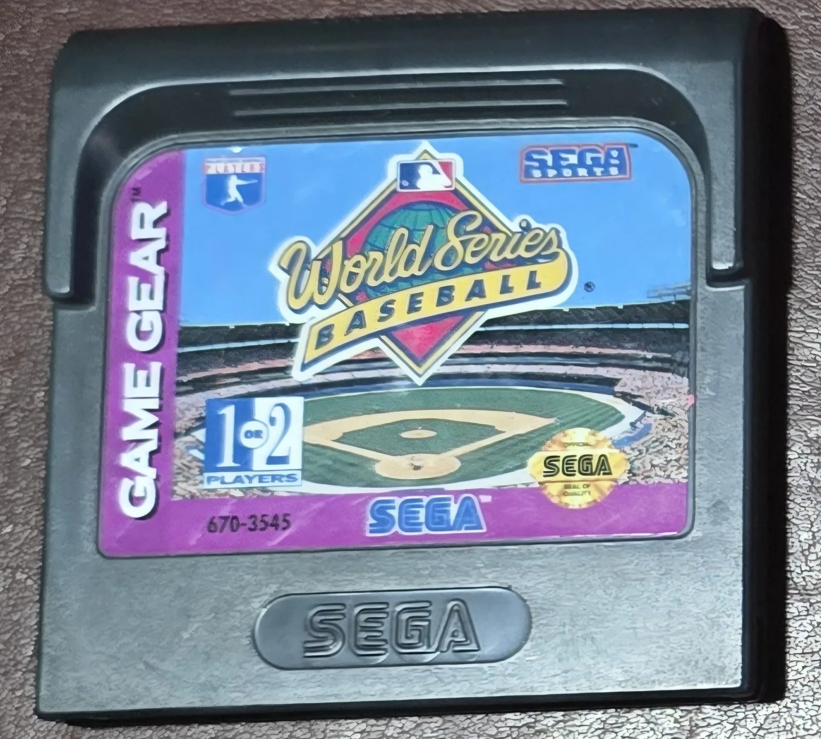 Front of an authentic Sega Game Gear World Series Baseball cartridge, Sega Sports