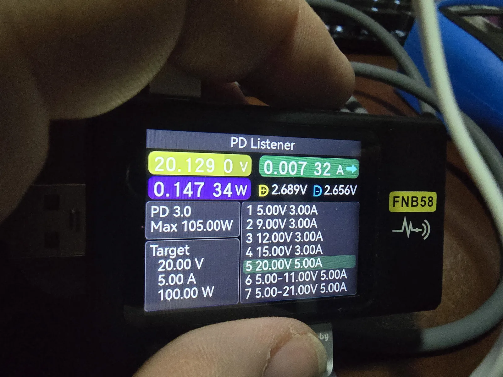 A FNB58 USB-C protocol analyzer screen listing seven power profiles offered by the charger, with profile 5, 20.00V at 5.00A, highlighted as the one selected, and a target readout of 20.00 V, 5.00 A, 100.00 W