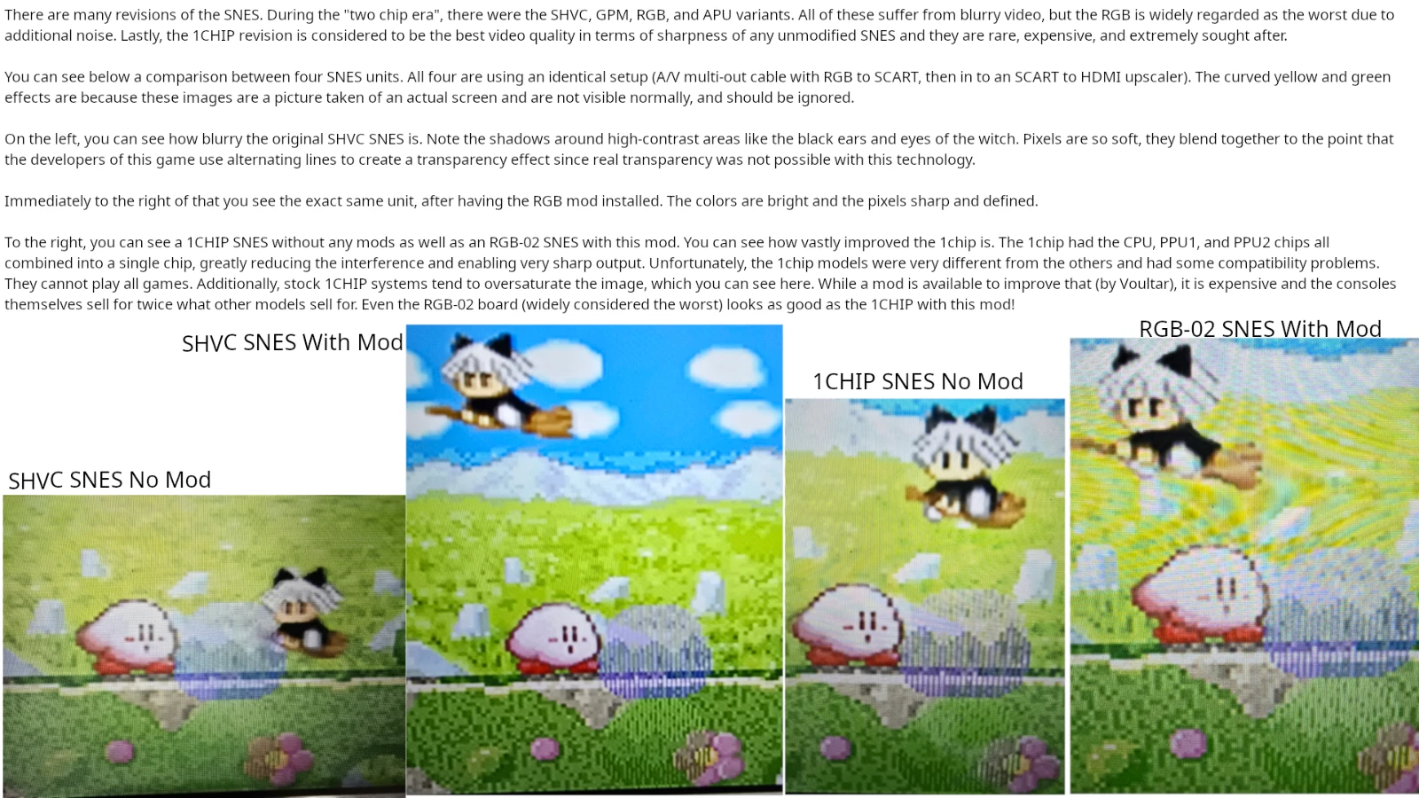 Video comparison: stock 2-chip SNES vs stock 1CHIP vs modded 2-chip SNES, showing the mod matching or exceeding 1CHIP sharpness
