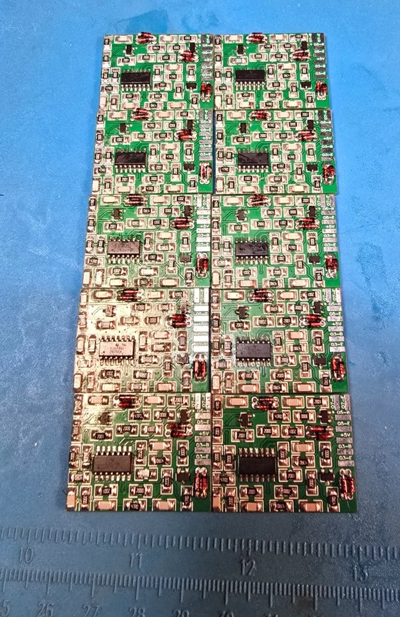 A batch of ten freshly assembled RGB mod boards