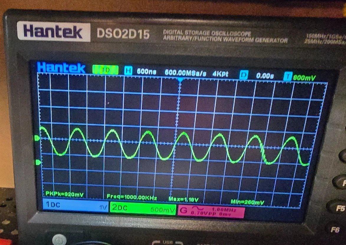 Oscilloscope showing a clean, noise-free amplified RGB signal from the TLV op-amp - the per-channel R/G/B test run on every board