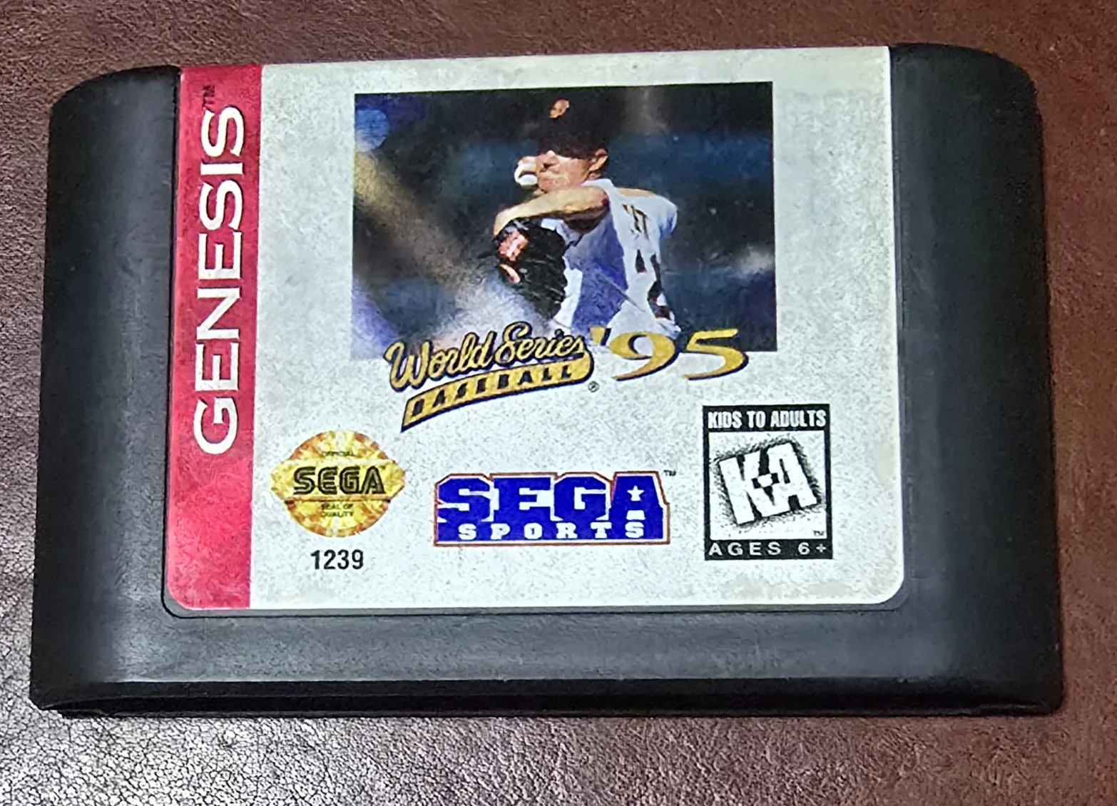 Front label of an authentic Sega Genesis World Series Baseball '95 Sega Sports cartridge